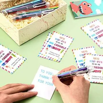 30 Pcs End of Year Student Gifts 0.5mm 6 in 1 Multicolor Ballpoint Pen Cards from Teacher 6 Colors Retractable Ballpoint Pens Multi Color and 30 Pcs You Are Awesome Cards for Office School Children