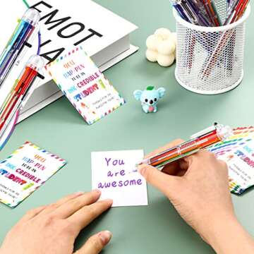 30 Pcs End of Year Student Gifts 0.5mm 6 in 1 Multicolor Ballpoint Pen Cards from Teacher 6 Colors Retractable Ballpoint Pens Multi Color and 30 Pcs You Are Awesome Cards for Office School Children
