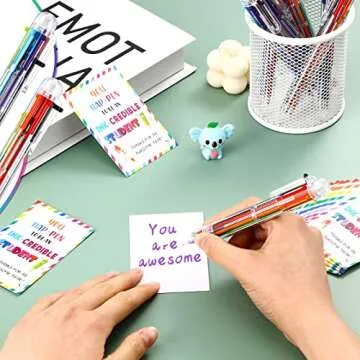 30 Pcs End of Year Student Gifts 0.5mm 6 in 1 Multicolor Ballpoint Pen Cards from Teacher 6 Colors Retractable Ballpoint Pens Multi Color and 30 Pcs You Are Awesome Cards for Office School Children