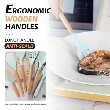 Hvygss Kitchen Cooking Utensils Set, Non-stick Silicone Cooking Utensil Sets with Holder, Wooden Handle Heat Resistance Silicone Spatula Spoon Kitchen Gadgets, Light Green, 26 Pcs