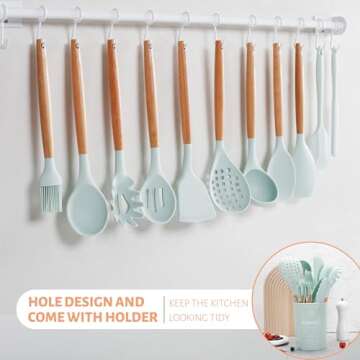 Hvygss Kitchen Cooking Utensils Set, Non-stick Silicone Cooking Utensil Sets with Holder, Wooden Handle Heat Resistance Silicone Spatula Spoon Kitchen Gadgets, Light Green, 26 Pcs