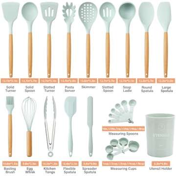Hvygss Kitchen Cooking Utensils Set, Non-stick Silicone Cooking Utensil Sets with Holder, Wooden Handle Heat Resistance Silicone Spatula Spoon Kitchen Gadgets, Light Green, 26 Pcs