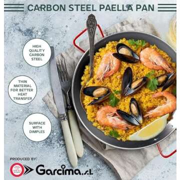 Gourmanity 12 inch Carbon Steel Paella Pan, 30cm Polished Steel Large Skillet From Spain, Great for Paella Parties Indoors, Outdoors, Camping & More, Imported Spanish Paellera, Made by Garcima
