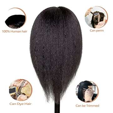 JMHAIR Mannequins Head 16" 100% Real Hair For Manual Braiding Styling Practice Hairdresser School Manikin Head Curling Dyeing Hairdresser Cosmetology Doll Head Training Head- Female Black