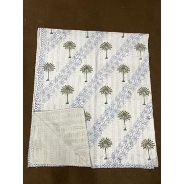 Handmade Indian Kantha Quilt Floral Block Printed Blanket