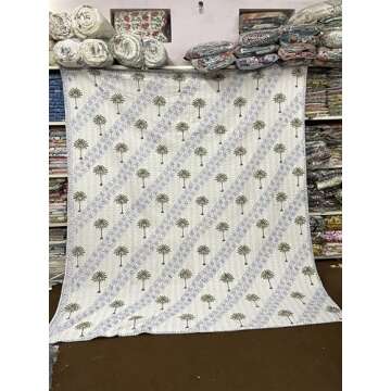 Handmade Indian Kantha Quilt Floral Block Printed Blanket