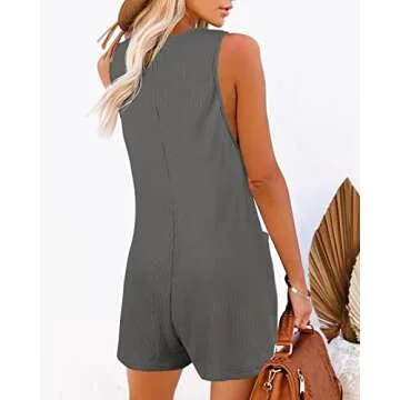 Caramitty Rompers for Women Sleeveless Jumpsuits for Women Button Down Waffle Fabric Summer Vacation Outfits for Women