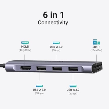 UGREEN Revodok USB C Hub 6 in 1 USB C Dongle 4K HDMI, 3 USB 3.0 Ports, SD/TF Card Reader Compatible with MacBook Pro, MacBook Air, iPad, iPhone 16 15 Pro/Pro Max. Space Grey