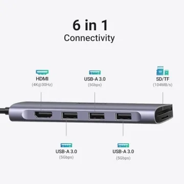 UGREEN Revodok USB C Hub 6 in 1 USB C Dongle 4K HDMI, 3 USB 3.0 Ports, SD/TF Card Reader Compatible with MacBook Pro, MacBook Air, iPad, iPhone 16 15 Pro/Pro Max. Space Grey