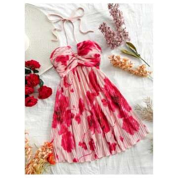 SOLY HUX Women's Tie Dye Cami Dress Halter Backless Sleeveless A Line Short Summer Dresses Sundress Red Floral Medium