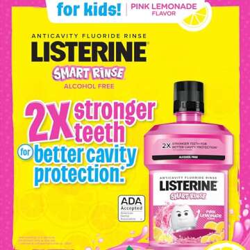 Listerine Smart Rinse Kids Mouthwash, ADA Accepted, Alcohol-Free Anticavity Sodium Fluoride Mouthwash, Oral Rinse for Dental Cavity Protection, Pink Lemonade Flavor, 500 mL, 6 Pack