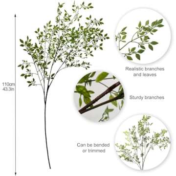 ACJRYO Faux Greenery Stems, 3Pcs 43" Artificial Branches for Vase, Artificial Plants Indoor Fake Leaves Nandina Branches for Home Office Wedding Vase Filler Shop Decoration
