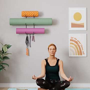 Wallniture Guru Wall Mount Yoga Mat Home Gym Equipment Resistance Bands and Foam Roller Holder with 3 Hooks 3 Sectional Metal Black
