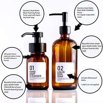 Amber Glass Foaming Hand Soap and Non-Foaming Dish Soap Glass Bottles - Matte Black Stainless Steel Pumps - Includes Waterproof Labels