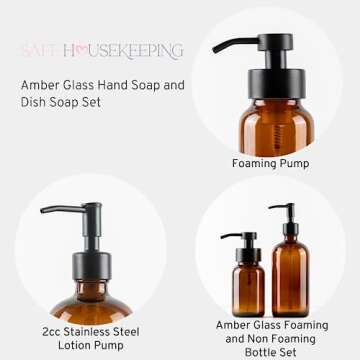 Amber Glass Foaming Hand Soap and Non-Foaming Dish Soap Glass Bottles - Matte Black Stainless Steel Pumps - Includes Waterproof Labels