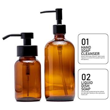 Amber Glass Foaming Hand Soap and Non-Foaming Dish Soap Glass Bottles - Matte Black Stainless Steel Pumps - Includes Waterproof Labels