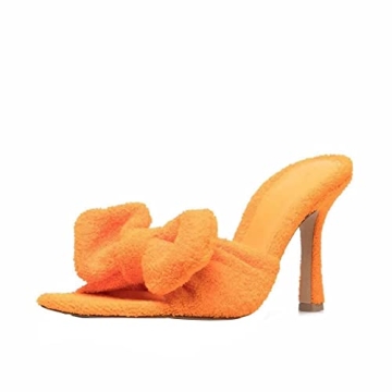 YIYA Women's Open Toe Heeled Mules with Bow Slip On Stiletto Heels Stretch Towel Bow Knotted Sandals
