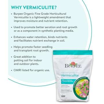 Burpee Organic Horticultural Add to Potting Soil | Ideal for Seed Starting, Water Retention and Plant Propagation | 100% Natural | 8 Quart, 1-Pack, Vermiculite (8qt)