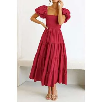 PRETTYGARDEN Women's Casual Summer Midi Dress Puffy Short Sleeve Square Neck Smocked Tiered Ruffle Dresses (Red,Large)