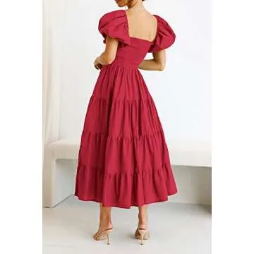 PRETTYGARDEN Women's Casual Summer Midi Dress Puffy Short Sleeve Square Neck Smocked Tiered Ruffle Dresses (Red,Large)