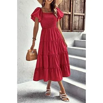 PRETTYGARDEN Women's Casual Summer Midi Dress Puffy Short Sleeve Square Neck Smocked Tiered Ruffle Dresses (Red,Large)