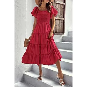 PRETTYGARDEN Women's Casual Summer Midi Dress Puffy Short Sleeve Square Neck Smocked Tiered Ruffle Dresses (Red,Large)