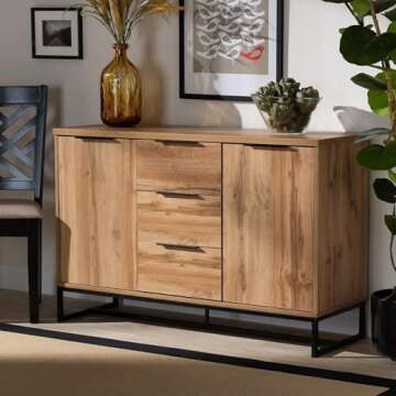 Baxton Studio Reid Modern and Contemporary Industrial Oak Finished Wood and Black Metal 3-Drawer Sideboard Buffet
