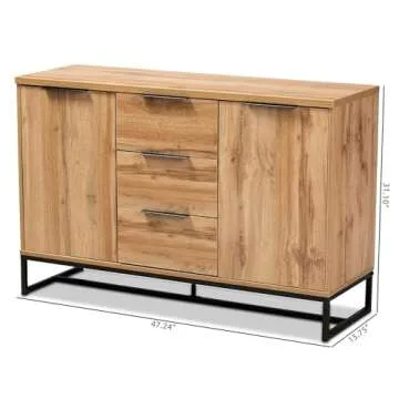 Baxton Studio Reid Modern and Contemporary Industrial Oak Finished Wood and Black Metal 3-Drawer Sideboard Buffet