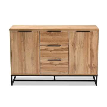 Baxton Studio Reid Modern and Contemporary Industrial Oak Finished Wood and Black Metal 3-Drawer Sideboard Buffet
