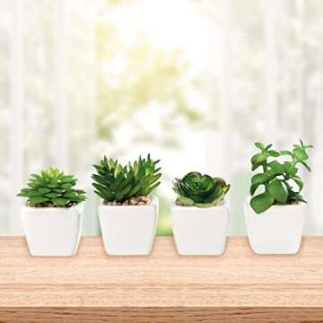 Nattol Mini Artificial Succulent Plants Potted in Square Modern Ceramic Pots, Faux Plants for Home & Office Table Decor, Bedroom Bathroom Birthday Gift, Set of 4