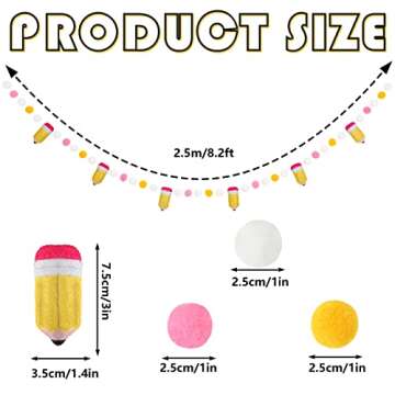 Whaline Back to School Felt Pom Banner 8.2 Ft Cute 3D Pencil Felt Ball Garland Back to School Decora...