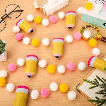 Whaline Back to School Felt Pom Banner 8.2 Ft Cute 3D Pencil Felt Ball Garland Back to School Decorations Pencil Pompom Welcome Back to School Hanging Banner for First Day of School Classroom Decor