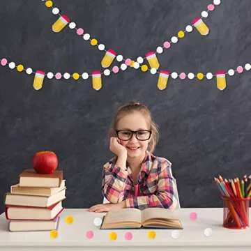Whaline Back to School Felt Pom Banner 8.2 Ft Cute 3D Pencil Felt Ball Garland Back to School Decorations Pencil Pompom Welcome Back to School Hanging Banner for First Day of School Classroom Decor