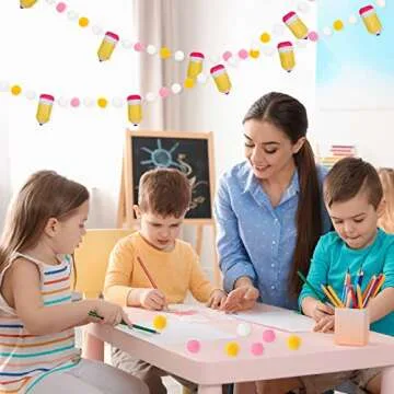 Whaline Back to School Felt Pom Banner 8.2 Ft Cute 3D Pencil Felt Ball Garland Back to School Decorations Pencil Pompom Welcome Back to School Hanging Banner for First Day of School Classroom Decor