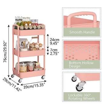 Sywhitta 3-Tier Plastic Rolling Utility Cart with Handle, Multi-Functional Storage Trolley for Office, Living Room, Kitchen, Movable Storage Organizer with Wheels, Pink