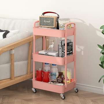 Sywhitta 3-Tier Plastic Rolling Utility Cart with Handle, Multi-Functional Storage Trolley for Office, Living Room, Kitchen, Movable Storage Organizer with Wheels, Pink