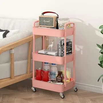 Sywhitta 3-Tier Plastic Rolling Utility Cart with Handle, Multi-Functional Storage Trolley for Office, Living Room, Kitchen, Movable Storage Organizer with Wheels, Pink