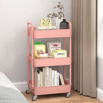 Sywhitta 3-Tier Plastic Rolling Utility Cart with Handle, Multi-Functional Storage Trolley for Office, Living Room, Kitchen, Movable Storage Organizer with Wheels, Pink