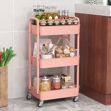 Sywhitta 3-Tier Plastic Rolling Utility Cart with Handle, Multi-Functional Storage Trolley for Office, Living Room, Kitchen, Movable Storage Organizer with Wheels, Pink