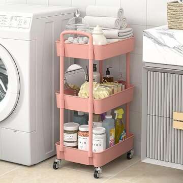 Sywhitta 3-Tier Plastic Rolling Utility Cart with Handle, Multi-Functional Storage Trolley for Office, Living Room, Kitchen, Movable Storage Organizer with Wheels, Pink