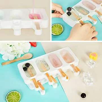 Ouddy Life Popsicle Molds Set of 2, Ice Pop Molds Silicone 4 Cavities Ice Cream Oval Cake Pop Mold with 50 Wooden Sticks for DIY Popsicle, Clear