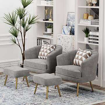 Andeworld Velvet Accent Chair with Ottoman, Upholstered Modern Single Sofa Side Chair,Comfy Barrel Club Living Room Armchair with Golden Metal Legs for Bedroom Living Reading Room Office, Grey