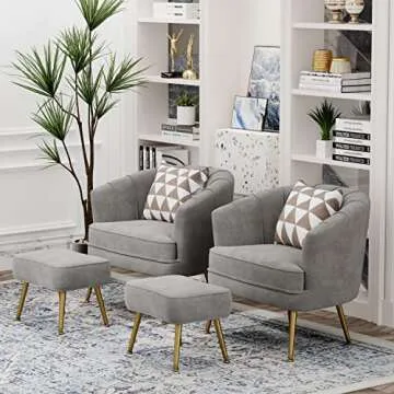 Andeworld Velvet Accent Chair with Ottoman, Upholstered Modern Single Sofa Side Chair,Comfy Barrel Club Living Room Armchair with Golden Metal Legs for Bedroom Living Reading Room Office, Grey