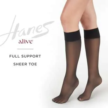 Hanes Alive Full Support Sheer Toe Knee-High Stockings, Jet, One Size (Pack of 2)