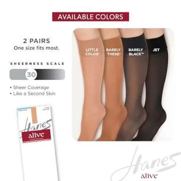 Hanes Alive Full Support Sheer Toe Knee-High Stockings, Jet, One Size (Pack of 2)