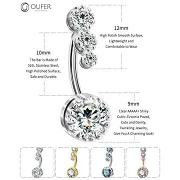 OUFER 316L Surgical Steel Belly Button Rings Clear CZ Navel Rings Belly Rings Belly Piercing