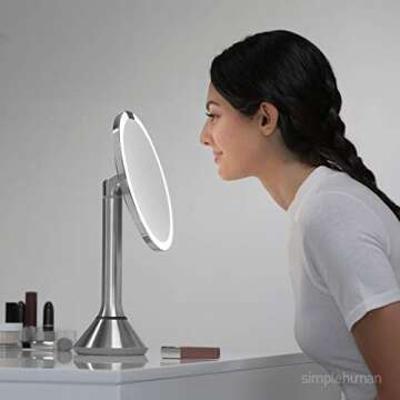 simplehuman 8" Round Sensor Makeup Mirror with Touch-Control Brightness, 5X Magnification, Rechargea...