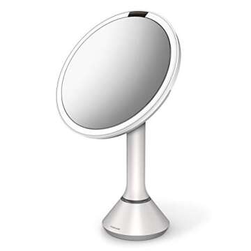 simplehuman 8" Round Sensor Makeup Mirror with Touch-Control Brightness, 5X Magnification, Rechargeable and Cordless, White Stainless Steel