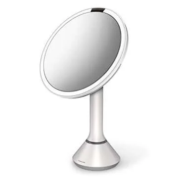 simplehuman 8" Round Sensor Makeup Mirror with Touch-Control Brightness, 5X Magnification, Rechargeable and Cordless, White Stainless Steel