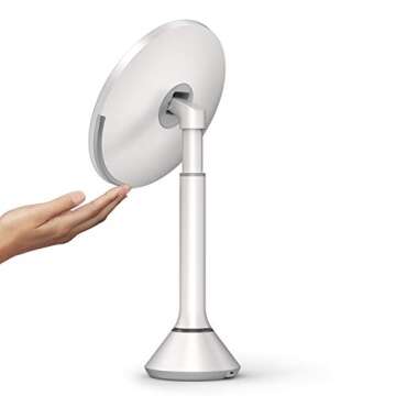 simplehuman 8" Round Sensor Makeup Mirror with Touch-Control Brightness, 5X Magnification, Rechargeable and Cordless, White Stainless Steel
